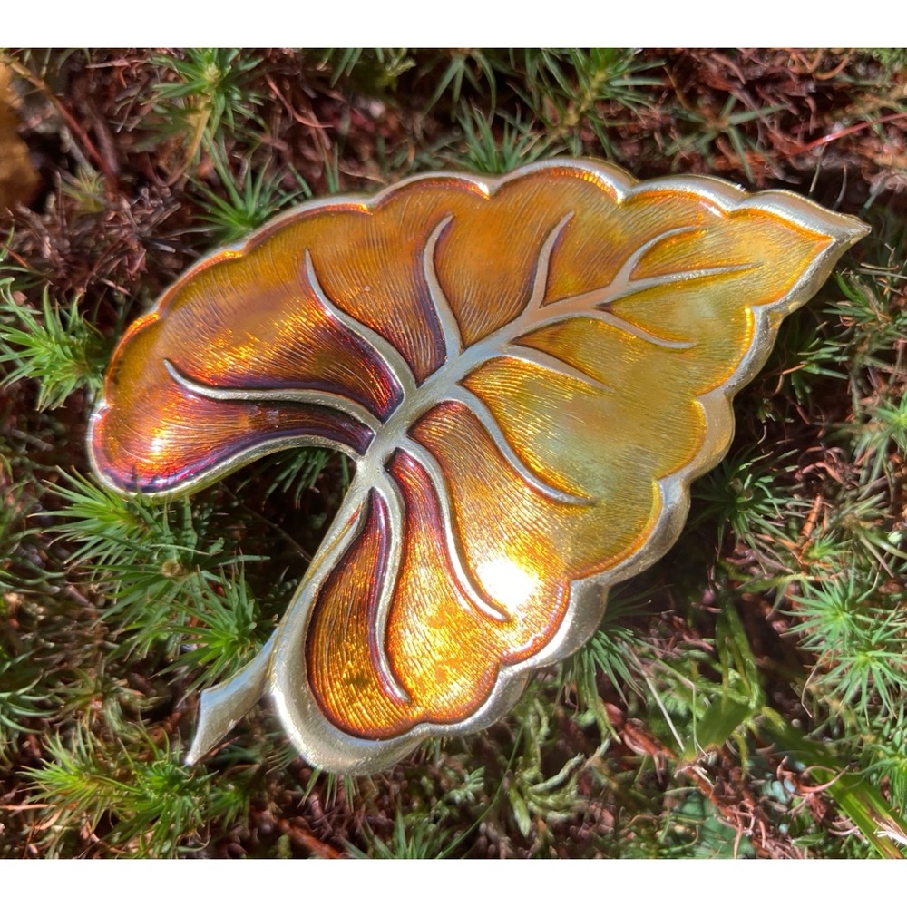 Vintage Germany Signed Autumn Leaf Brooch Orange Enamel Goldtone